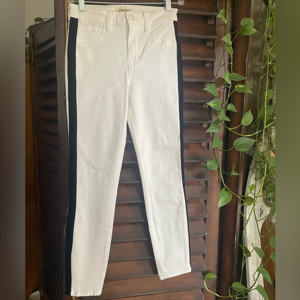 L'AGENCE Women's White Skinny Pants Velvet Black Stripe 26 EUC - Picture 2 of 7